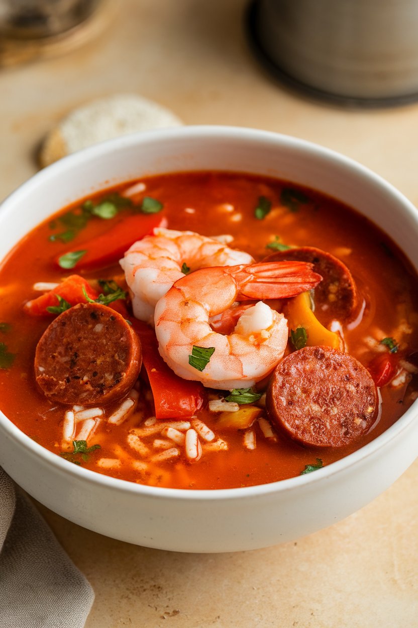 Indoor photo showcasing a vibrant soup packed with cooked shrimp, sausage rounds, rice, and peppers in a tomato broth; no logos or text.