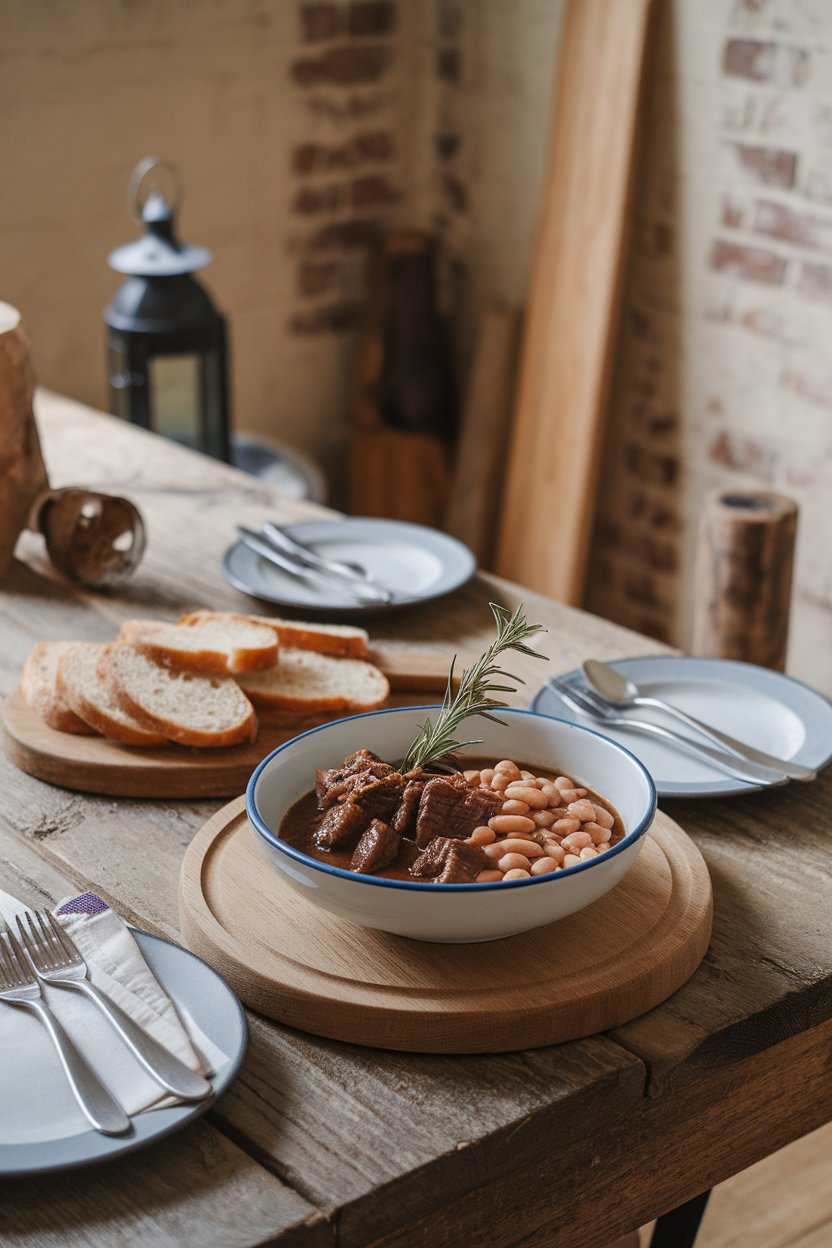 Indoor farmhouse table showing a bowl of beef stew with cannellini beans and rosemary sprig garnish. No text or logos. Photo.