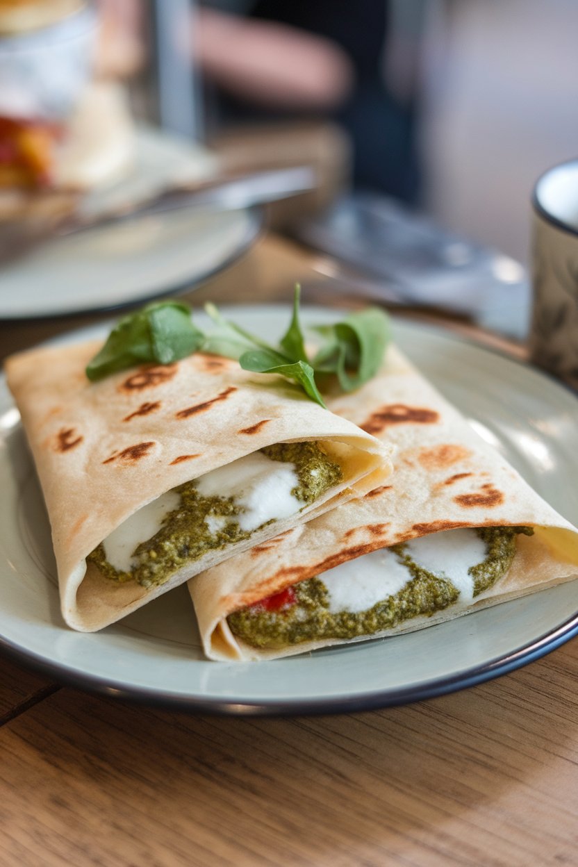 Indoor cafe-style plate with tortilla wraps cut diagonally, green pesto and melted mozzarella visible inside, no branding.