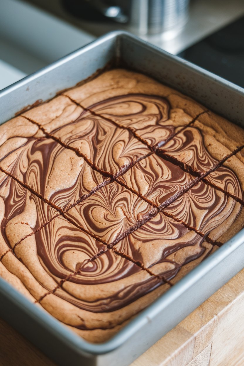Indoor baking pan with blondies swirled generously with Nutella, knife marks visible. No text or logos; photo, not illustration.
