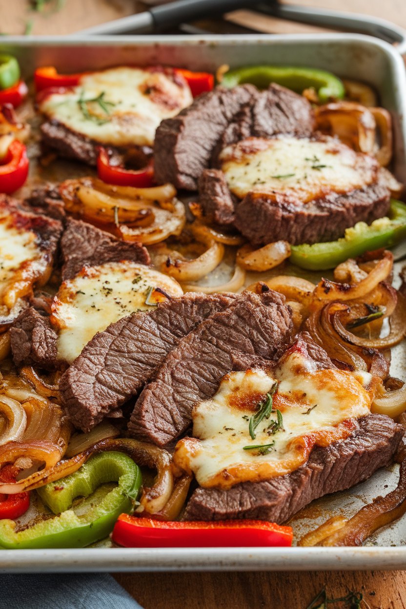 Indoor photo of seared beef strips, caramelized onions, bell peppers, and melted provolone on a sheet pan. No text or logos.