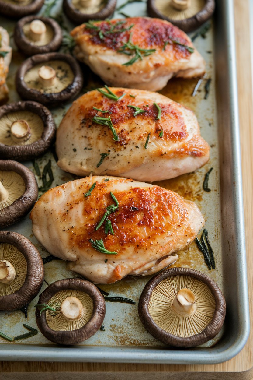 Indoor photo of miso-glazed chicken breasts, roasted shiitake mushroom caps tinged golden on the same sheet pan, slight glossy glaze visible. No text or logos.