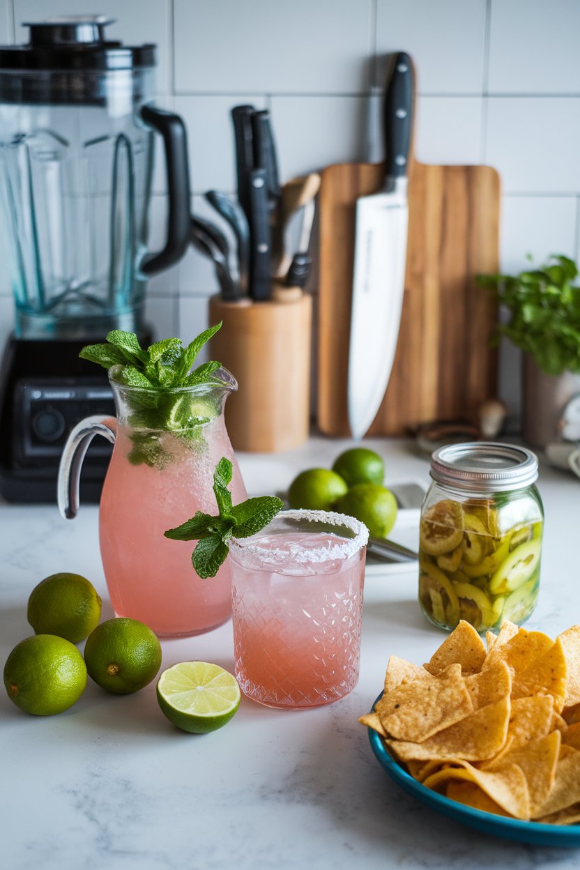 Indoor Mexican kitchen scene with a pitcher of pink agua fresca, glass with salted rim, mint sprig. No text or logos.