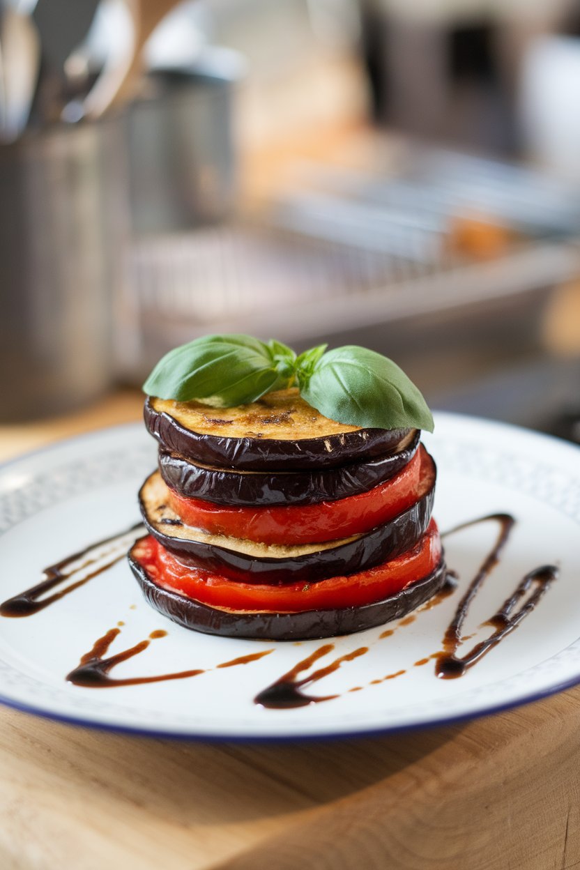 An indoor plate showcasing stacked rounds of roasted eggplant and tomato with a basil leaf on top, drizzle of balsamic reduction around. No text or logos.