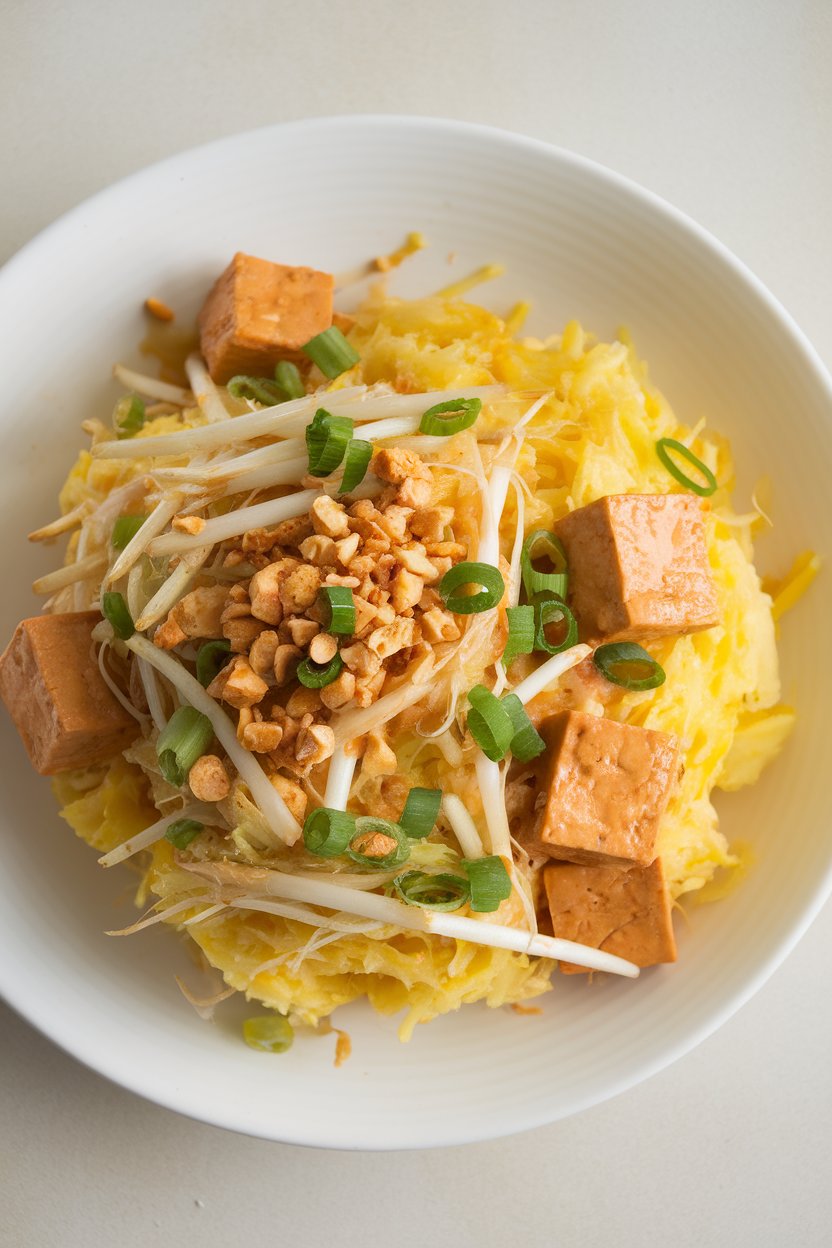 Indoor plate featuring strands of cooked spaghetti squash tossed with tofu cubes, bean sprouts, and crushed peanuts in a light Pad Thai sauce. No text or logos. Photo only.