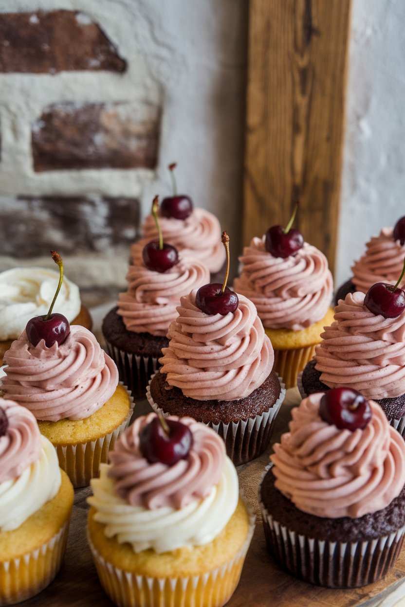 Indoor photo of cupcakes topped with cherry buttercream and a single maraschino cherry, almond slivers scattered, no text or logos
