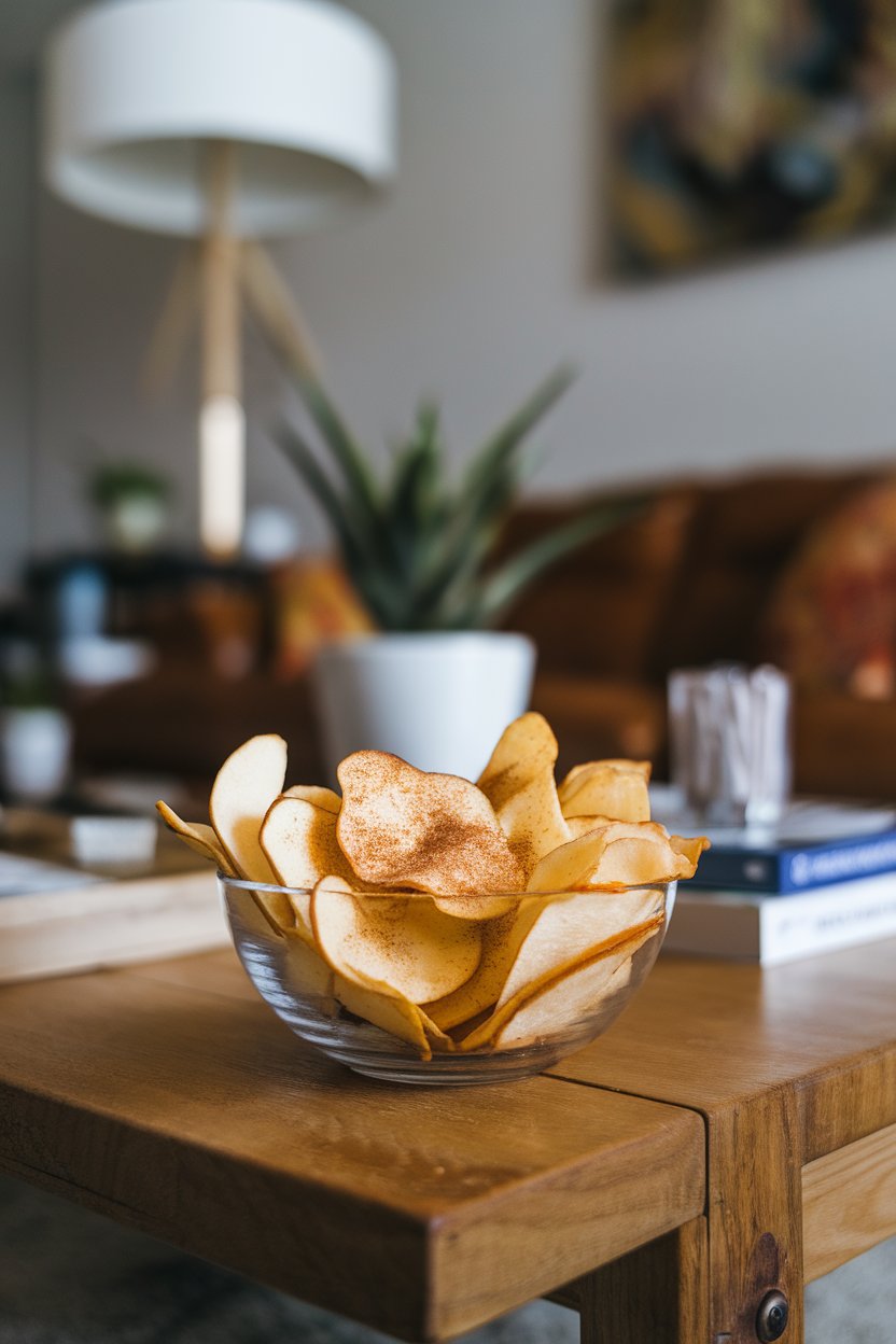 Photo of thin apple chips dusted with cinnamon in a clear bowl on a coffee table indoors. No text or logos.
