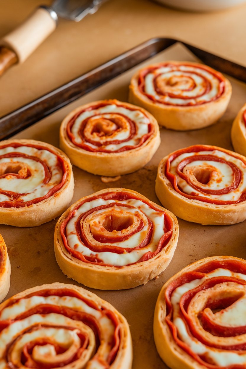Indoor photo of spiraled pizza pinwheels on a baking sheet, melted mozzarella and pepperoni visible in each swirl. No text or logos.