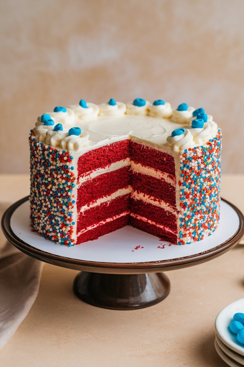 An indoor cake stand holding a red velvet layer cake frosted cream-cheese white, ends decorated with bold blue and white sprinkles forming two end zones—no text or logos.