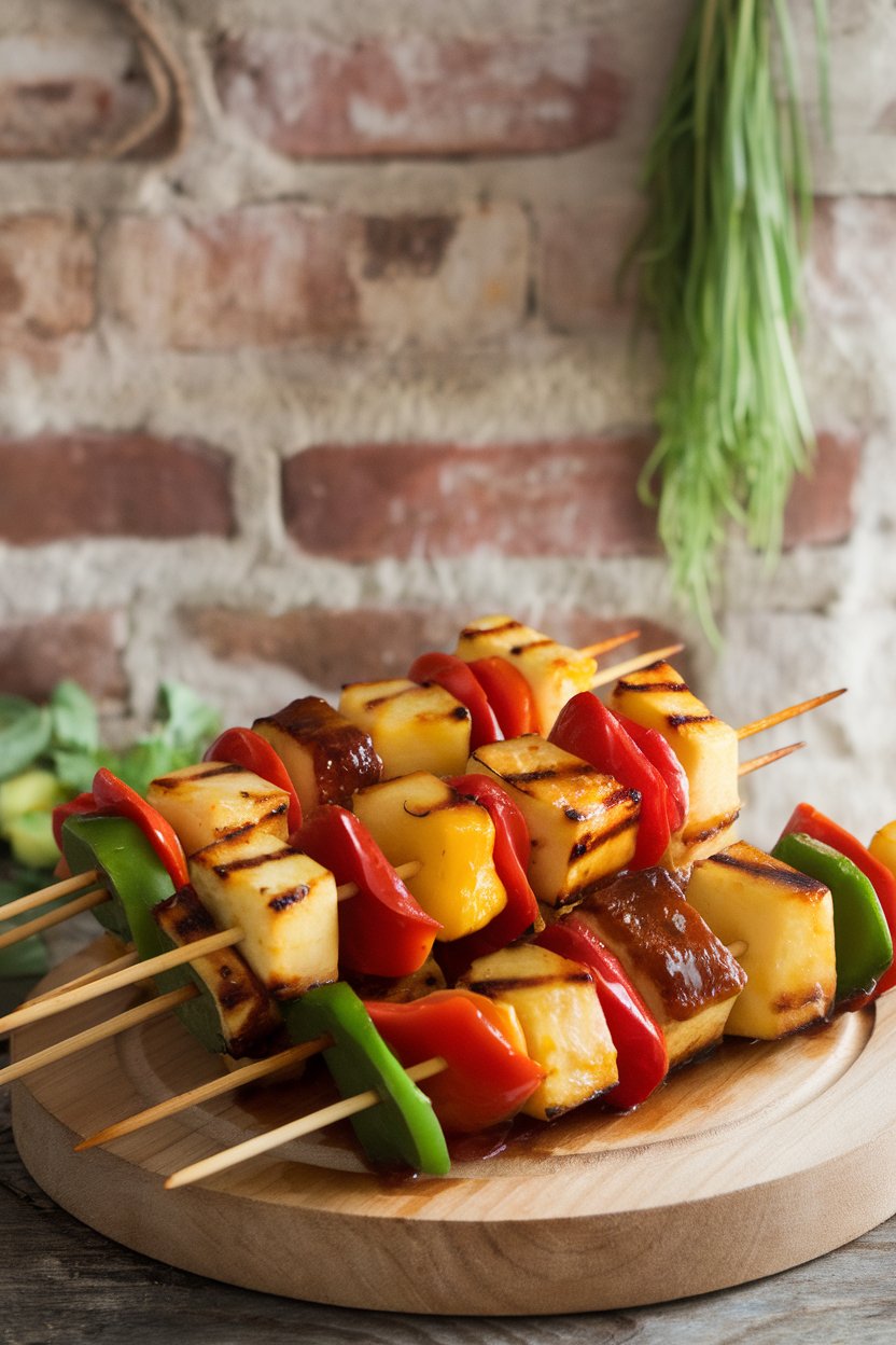 Photo prompt: Indoor platter with colorful skewers of grilled pineapple chunks, bell pepper, and marinated tofu glazed in shiny teriyaki sauce. No text or logos. Photo, not illustration.