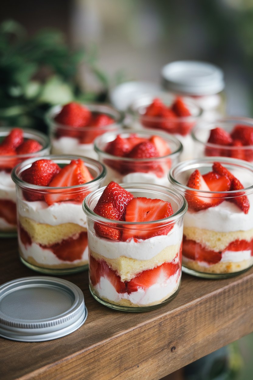 Indoor image of small glass jars layered with cubes of pound cake, whipped cream, and sliced strawberries; lids nearby. No text or logos.