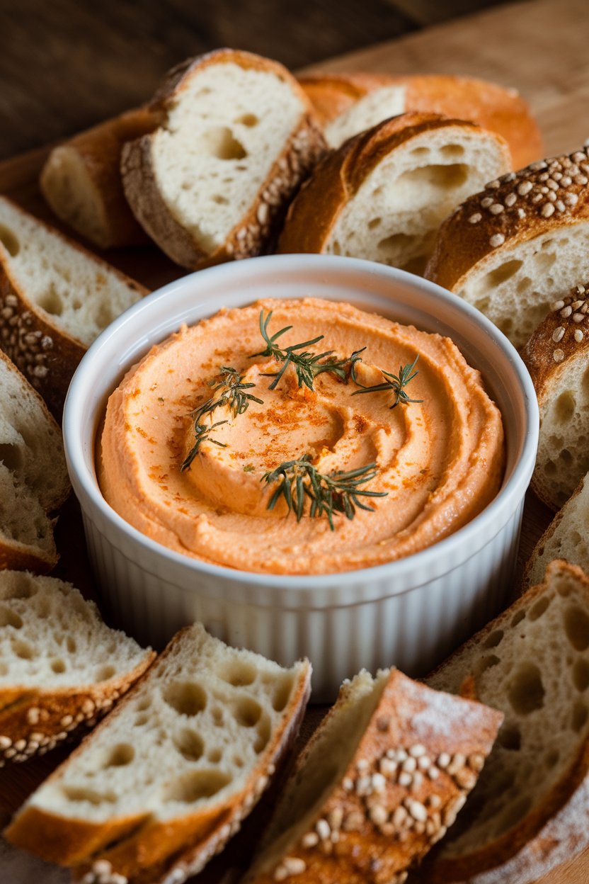 Indoor photo of creamy orange goat cheese dip topped with herbs in a shallow ramekin, baguette slices alongside. No text or logos.