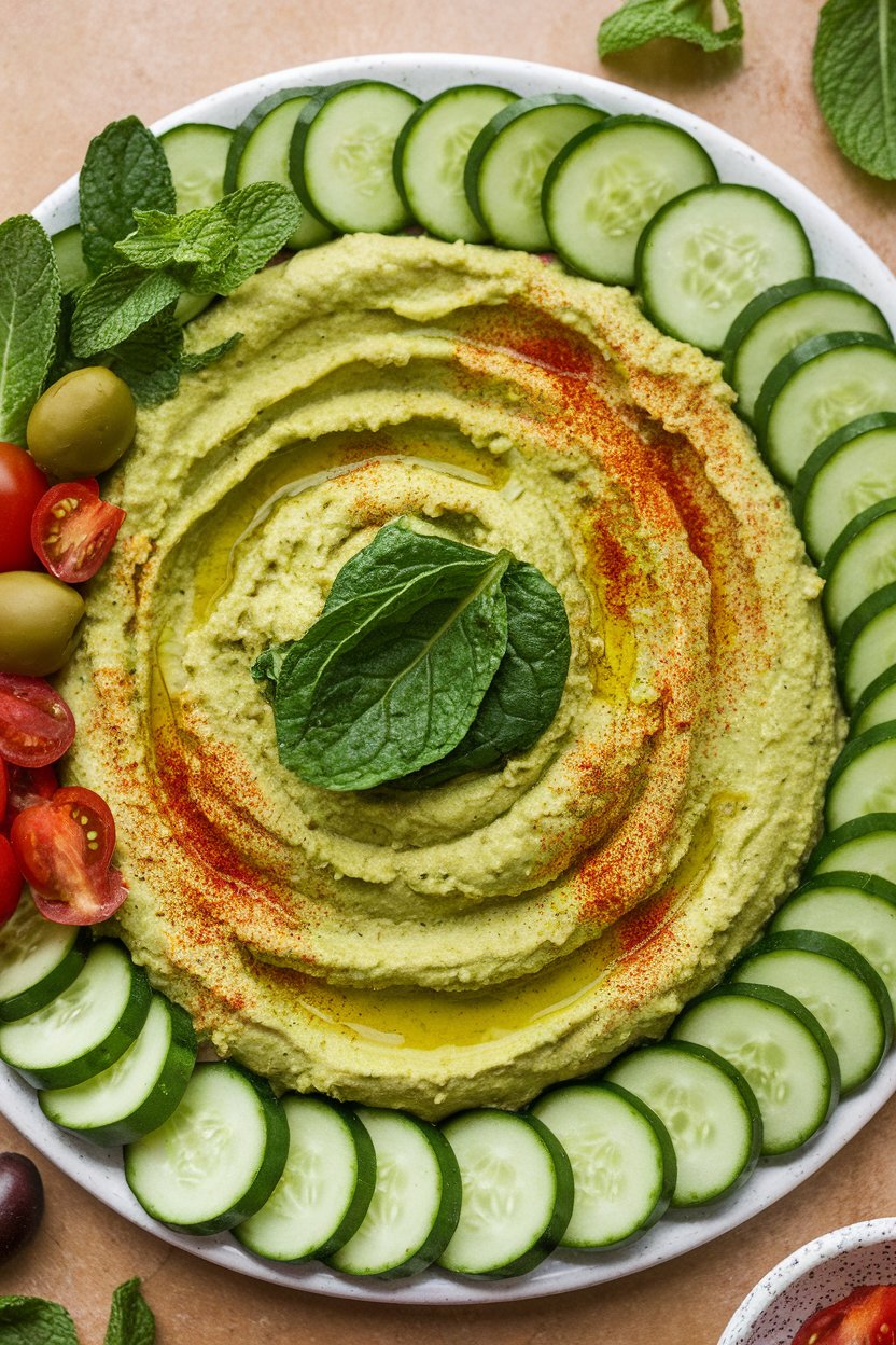 An indoor platter of cucumber rounds topped with bright green spinach hummus swirls. No text or logos visible.