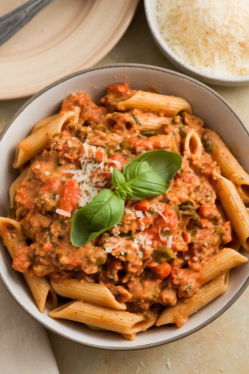 An indoor plate of whole-wheat penne coated in chunky turkey and vegetable ragu, basil leaves on top. No text or logos.