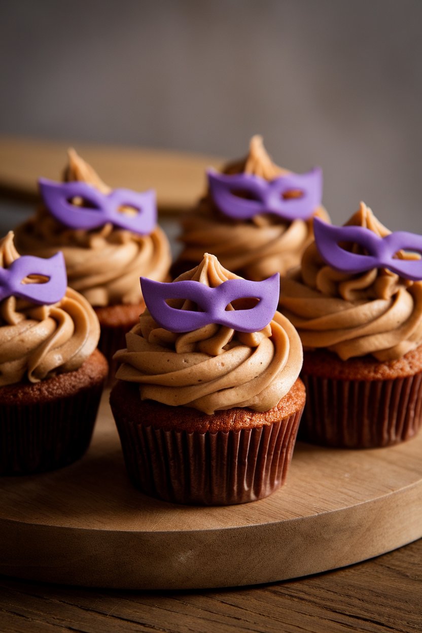 Photo of caramel-colored cupcakes with glossy dulce swirl frosting and tiny edible purple mask, indoor lighting, no text or logos