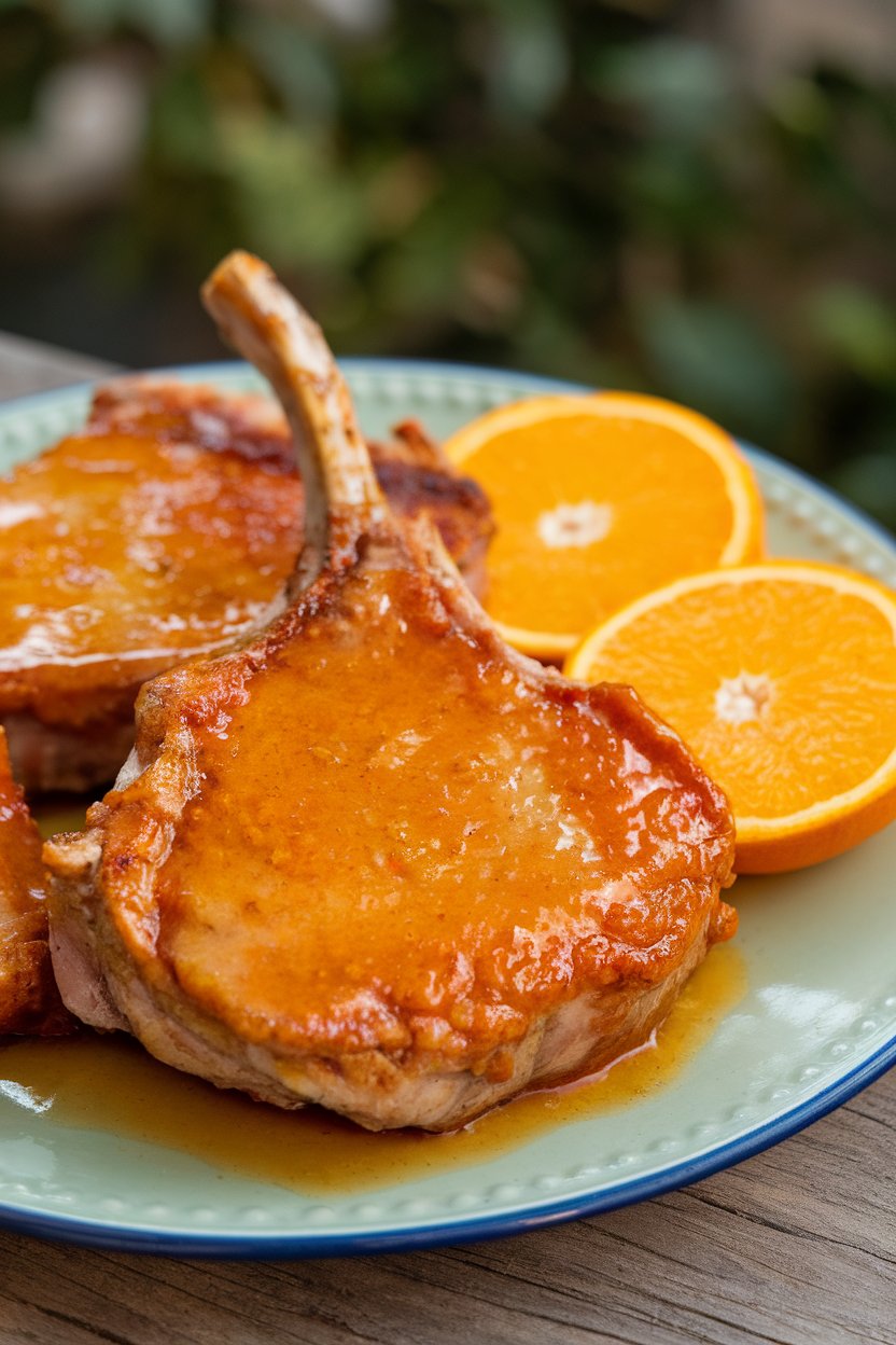 Plate of pork chops lacquered in shiny orange honey glaze, orange slices beside, no text or logos.