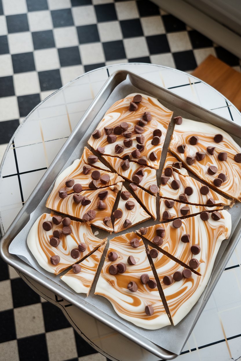 Baking sheet on an indoor table lined with yogurt bark swirled with peanut butter and studded with chocolate chips, broken into shards. No text or logos; photo only.