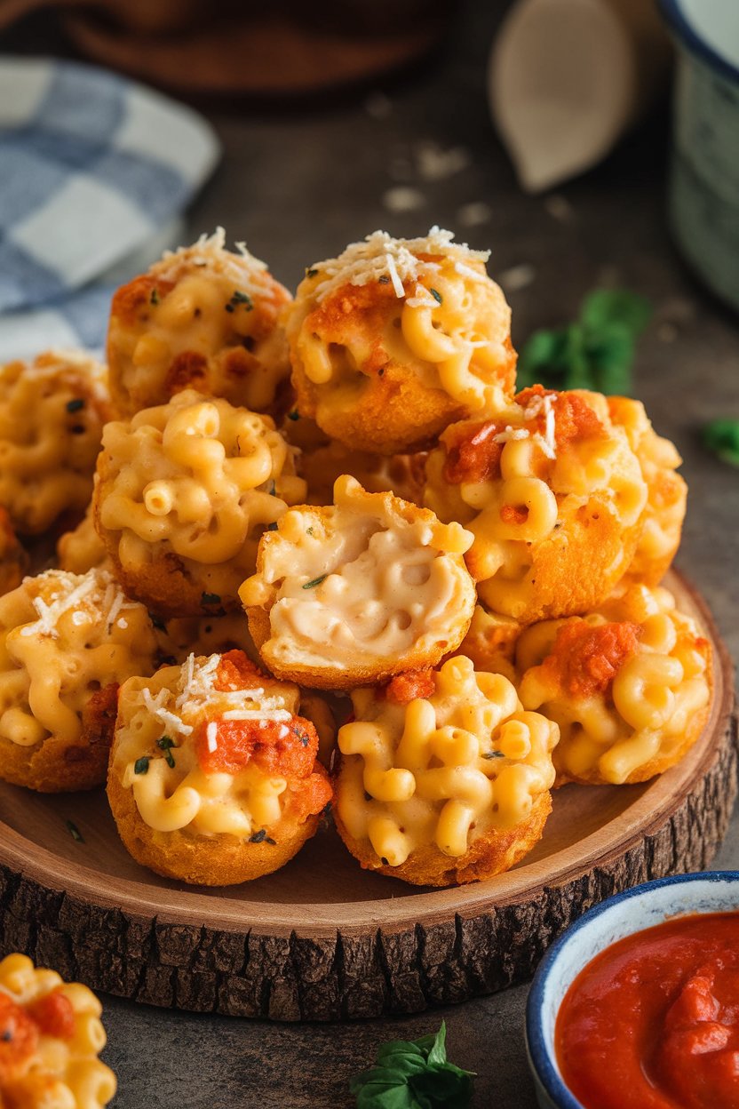 Indoor photo of golden mac and cheese bites arranged on a platter, one broken open showing creamy interior. No text or logos.
