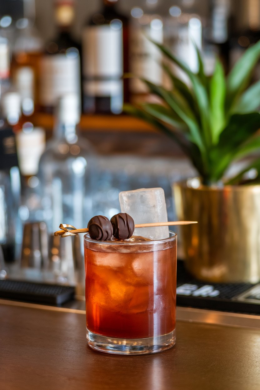 An indoor bar scene with a lowball glass holding a rich mahogany cocktail, large cube, and a skewered cherry dipped in chocolate resting on top; photo, not illustration; no text or logos.