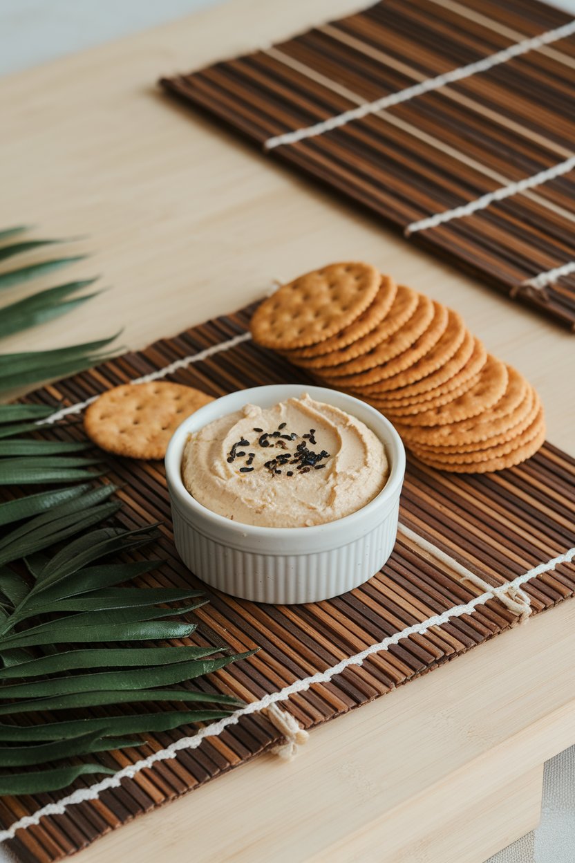 Indoor bamboo mat setup with a ramekin of sesame ginger cream cheese dip, rice crackers stacked nearby. No branding or text.