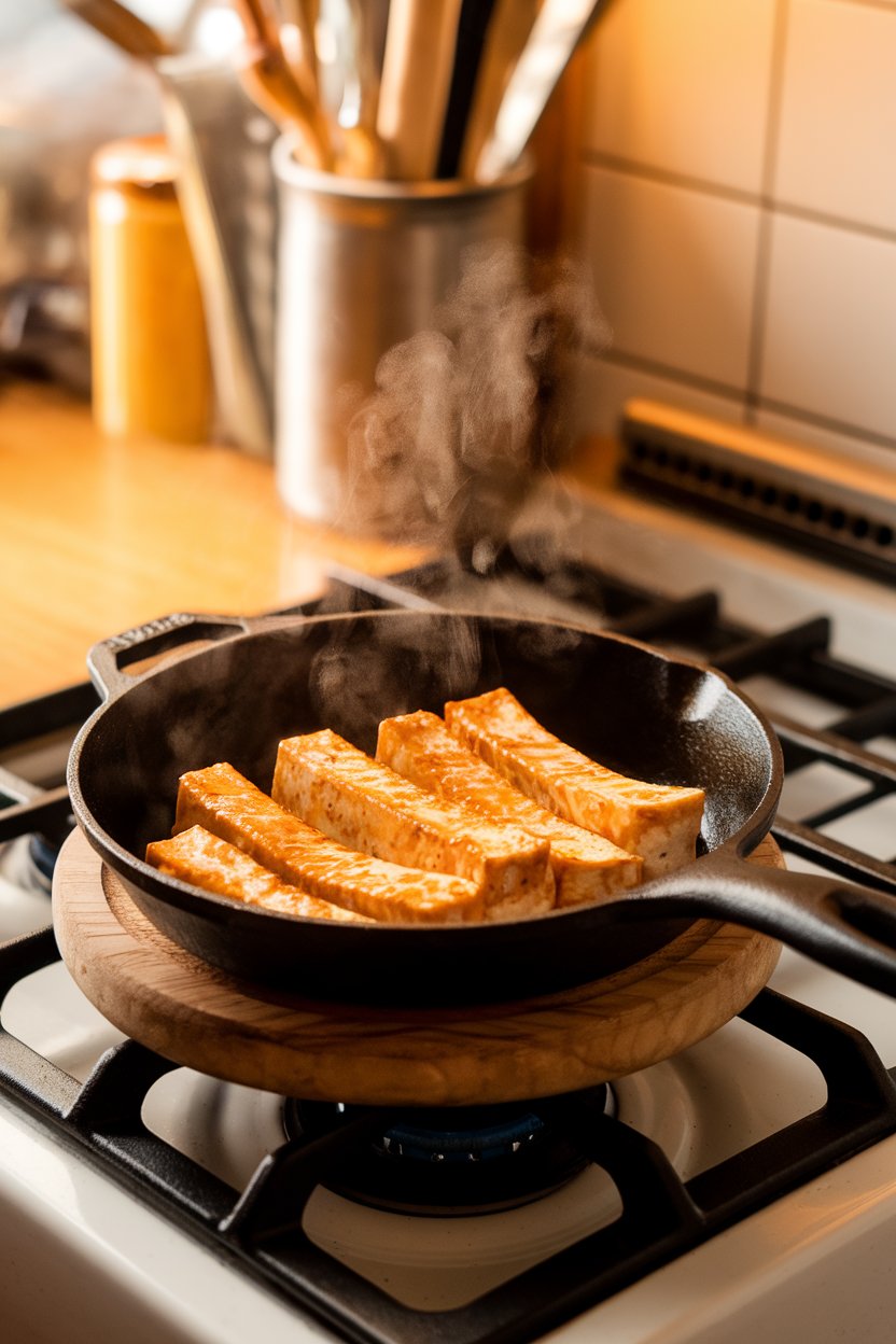 Photo prompt: Indoor stovetop scene with a small skillet of teriyaki-glazed tofu strips, steam rising gently. No text or logos.