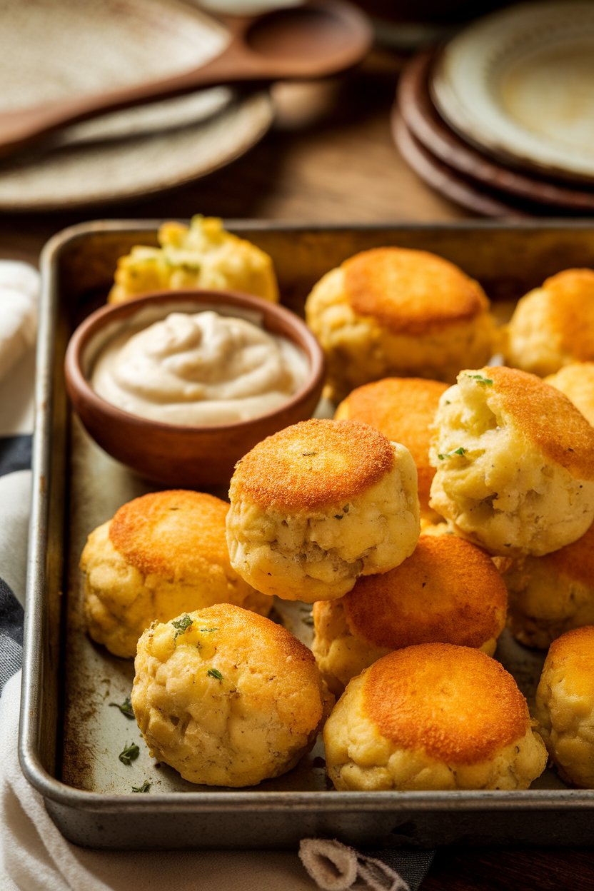A rustic indoor tray of golden baked cauliflower hush puppies, small bowl of remoulade beside them; no text or logos.