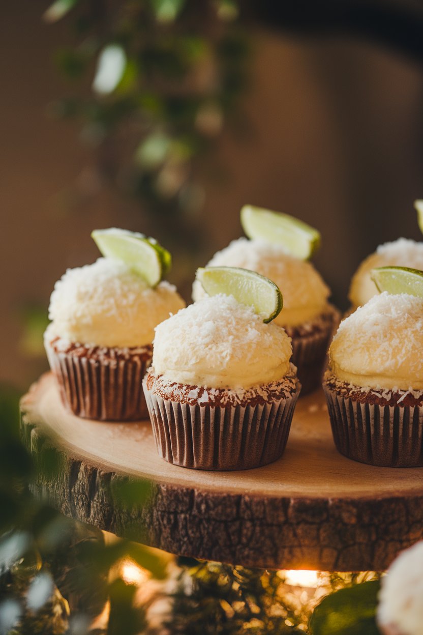 Indoor photo of snowy coconut-topped cupcakes, small lime wedge garnish, warm light, no text or logos