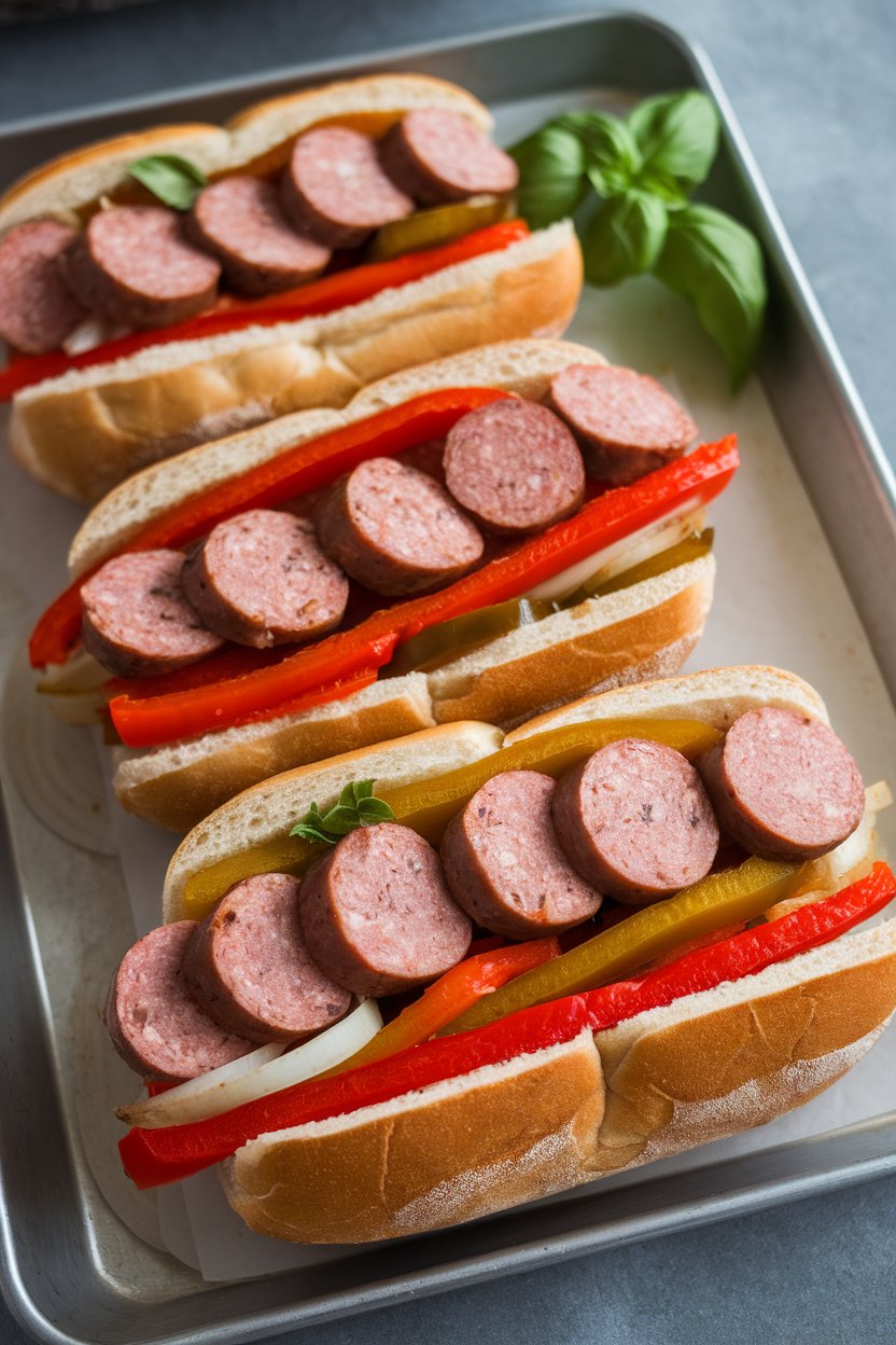 Indoor photo of sliced Italian sausage, sautéed bell peppers, and onions stuffed into split hoagie rolls on a metal tray. No text or logos.