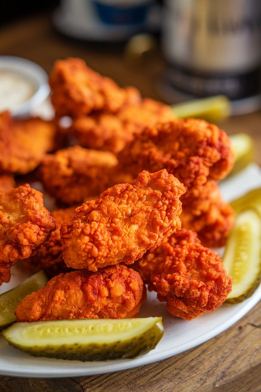 Indoor platter of spicy Nashville-hot chicken nuggets, pickle slices scattered around. No text or logos.