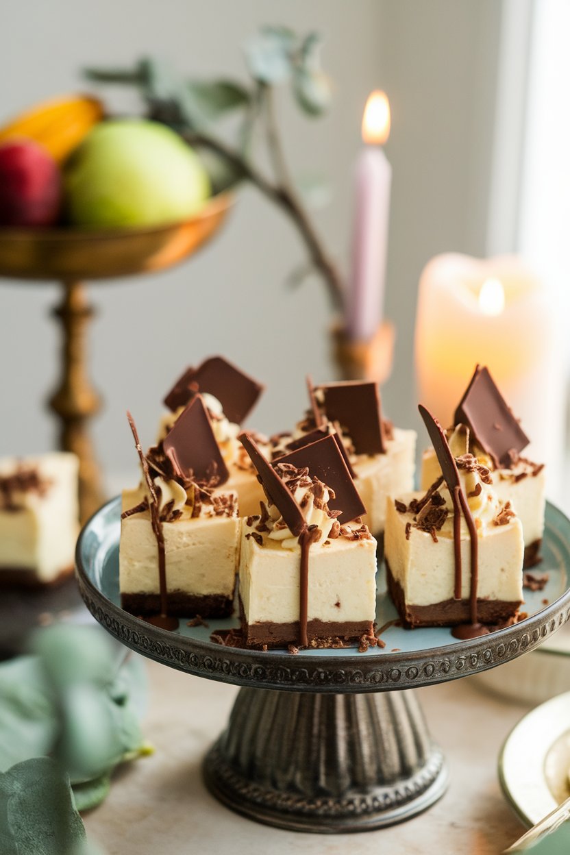 A softly lit indoor platter of mini cheesecake squares topped with chocolate shavings and a drizzle of Irish cream sauce, no text or logos. Photo only.