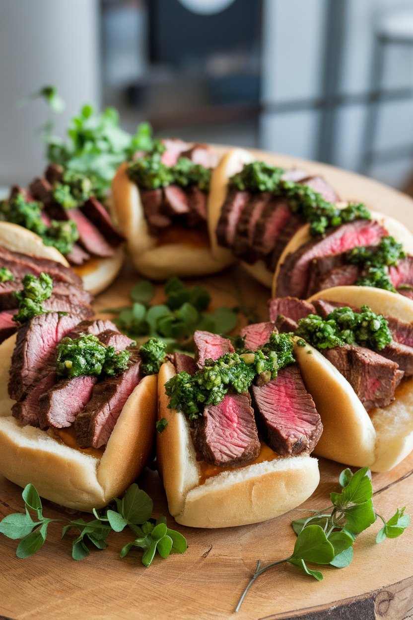 Indoor platter of mini buns filled with sliced medium-rare steak and vibrant green chimichurri sauce. No text or logos.
