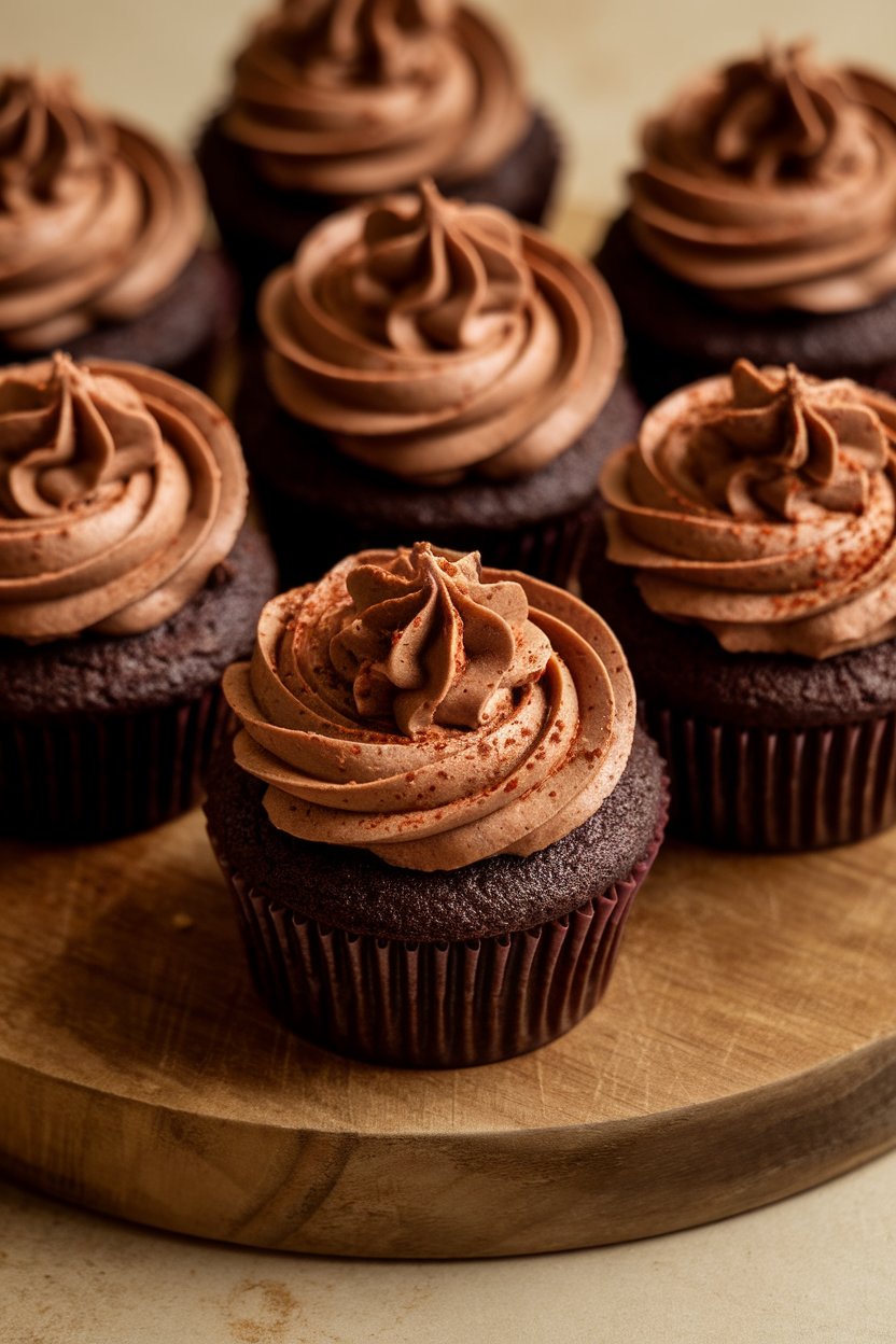 Indoor photo of chocolate cupcakes dusted with cocoa and cayenne, swirl of whipped ganache, no text or logos
