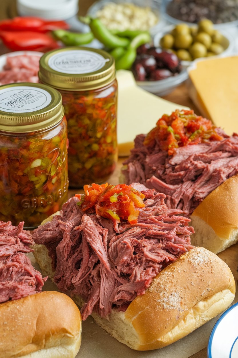 An indoor deli-style setup with shredded Italian beef piled on crusty rolls, giardiniera sprinkled on top. No text or logos. Photo only.