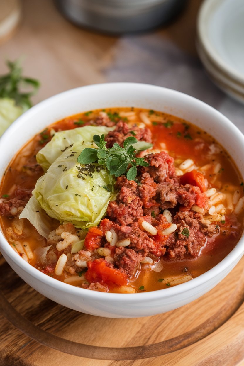 Indoor bowl of cabbage roll soup—chunks of cabbage, ground beef, rice, and tomatoes in a hearty broth. No text or logos. Photo.