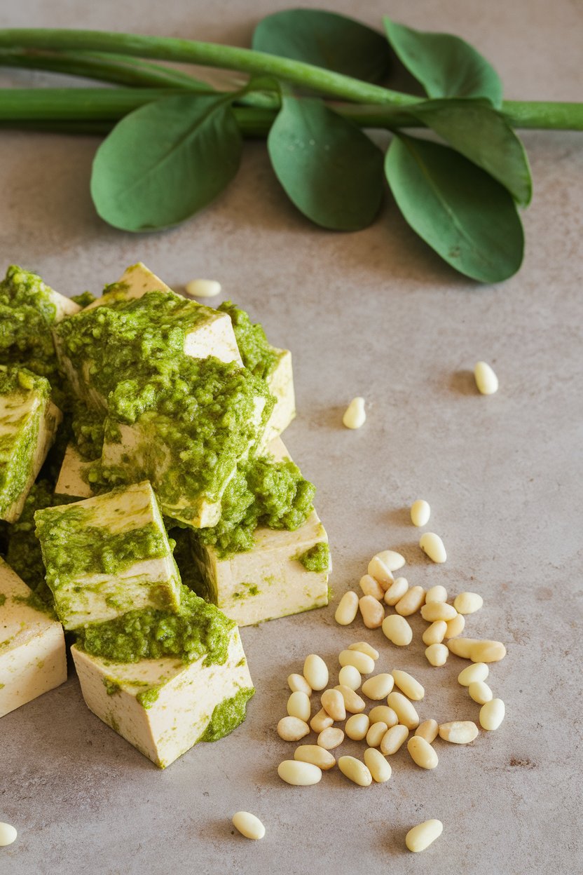 Photo prompt: Indoor countertop with tofu cubes tossed in bright green pesto, pine nuts scattered alongside. No text or logos present.