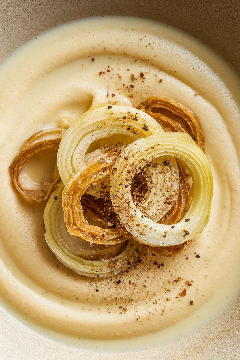 Indoor photo of a creamy pale soup topped with sautéed leek rings and cracked pepper; no text or logos.