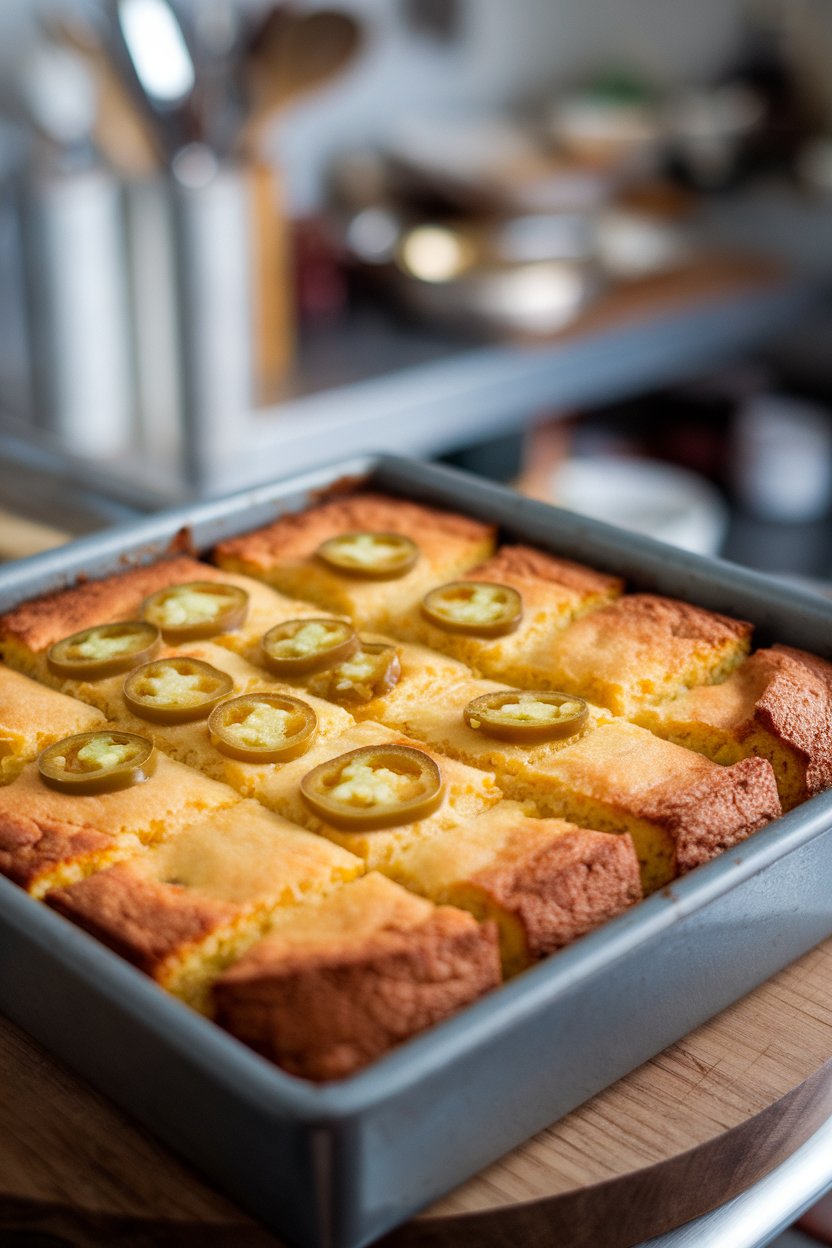 An indoor baking dish of cornbread cut into squares, cheese and jalapeño slices visible on top—no text or logos. Photo, not illustration.