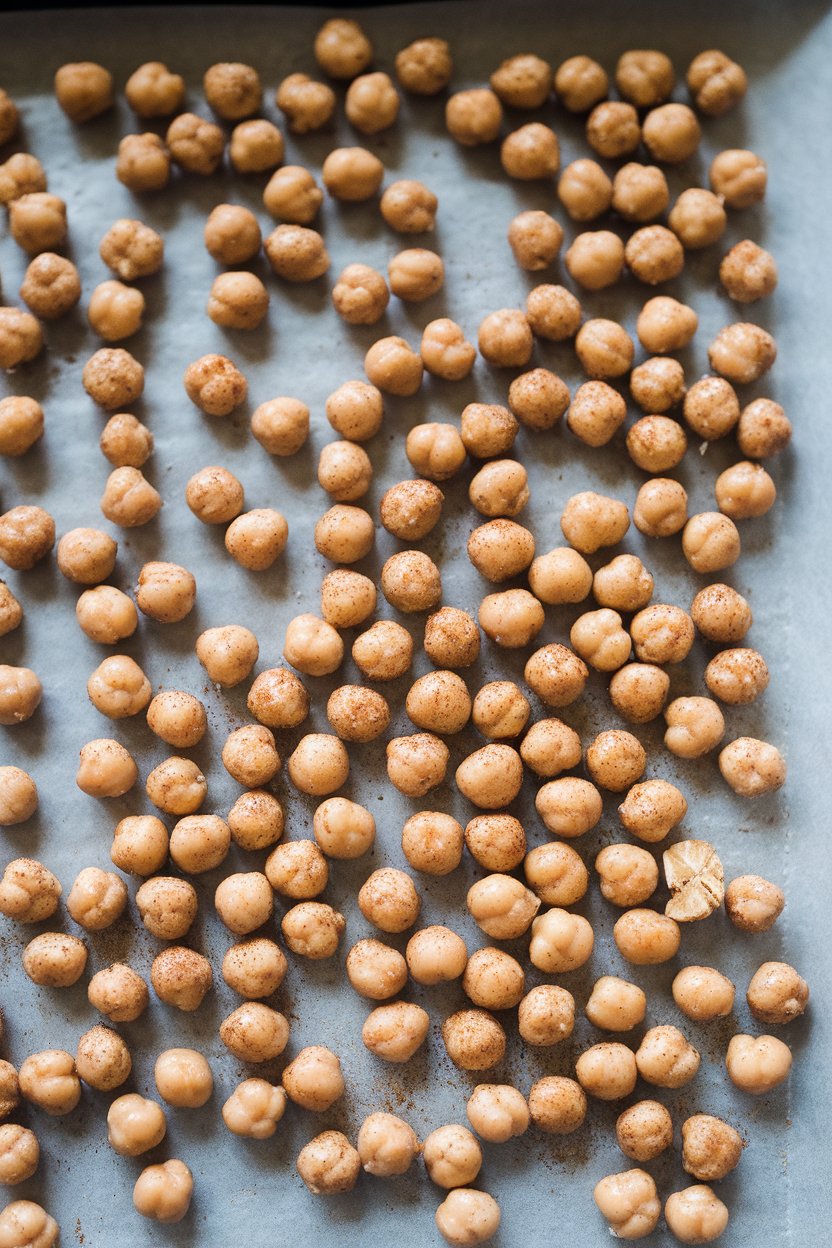 Indoor photo of a baking sheet with crunchy cinnamon-dust chickpeas cooling, portioned into small containers. No text or logos.