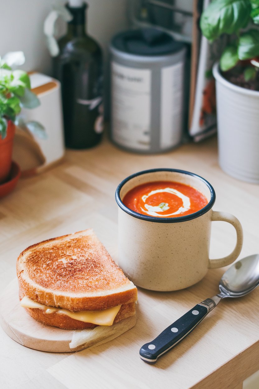 An indoor kitchen counter with a mug of creamy cooked tomato basil soup, a swirl of cream on top, and a grilled cheese sandwich half beside it. No logos or text. Photo.