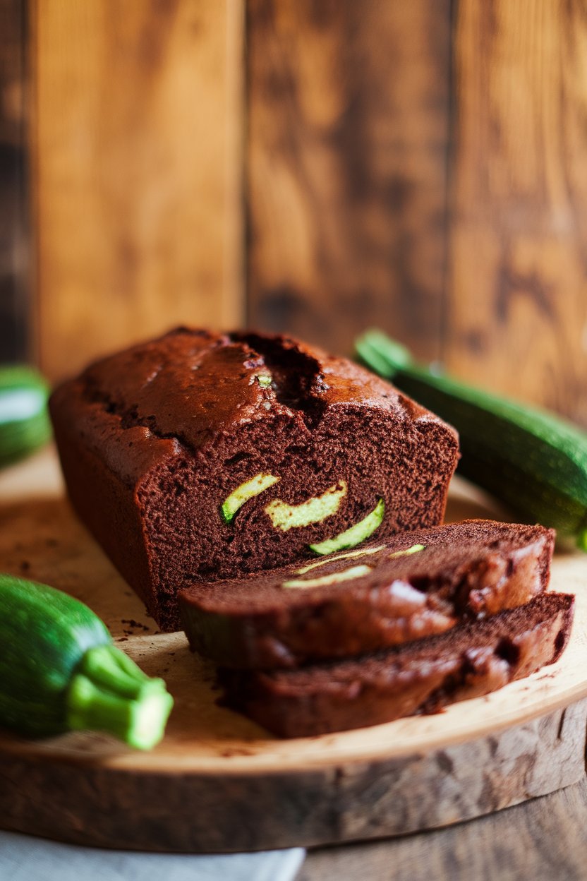 Indoor wooden board with sliced chocolate loaf cake, green zucchini flecks visible inside. No logos or text; photo only.