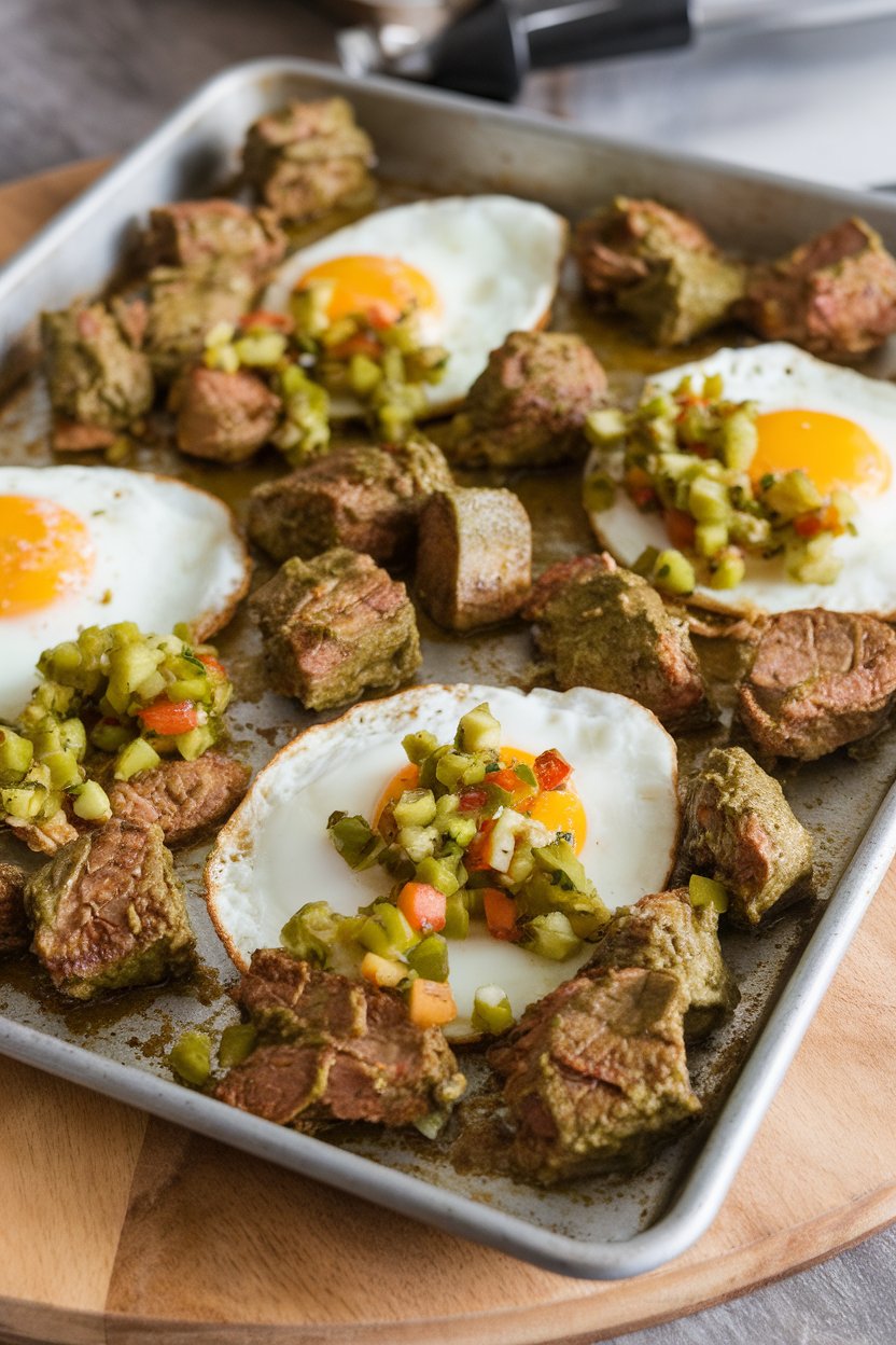 Indoor shot of a sheet pan with tender chili verde pork chunks, baked eggs, and roasted tomatillo salsa spooned on top. No text or logos.