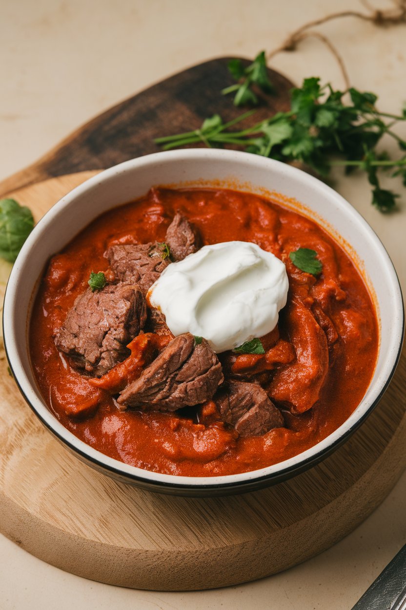 Indoor Hungarian-style bowl of beef in rich red paprika sauce, dollop of sour cream on top. No text or logos.