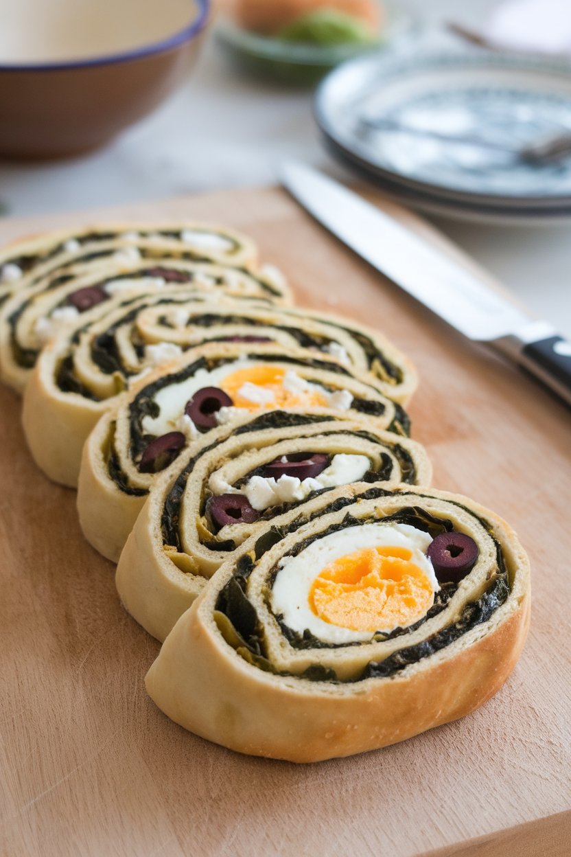 Indoor chopping board with spiraled stromboli slices featuring egg, spinach, olives, and feta, no text or logos.