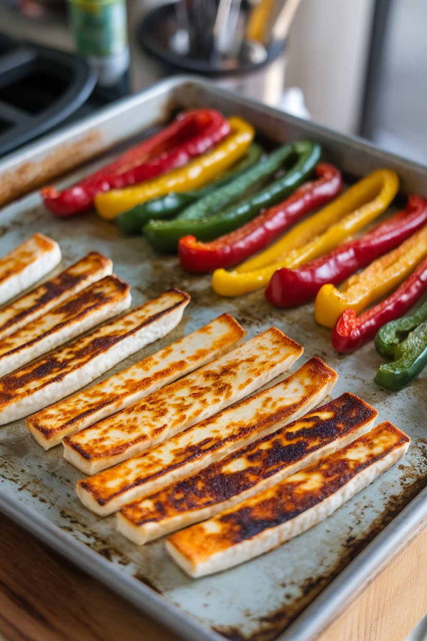 Indoor photo of golden seared halloumi strips and multicolor bell peppers on a sheet pan, lightly charred. No text or logos.