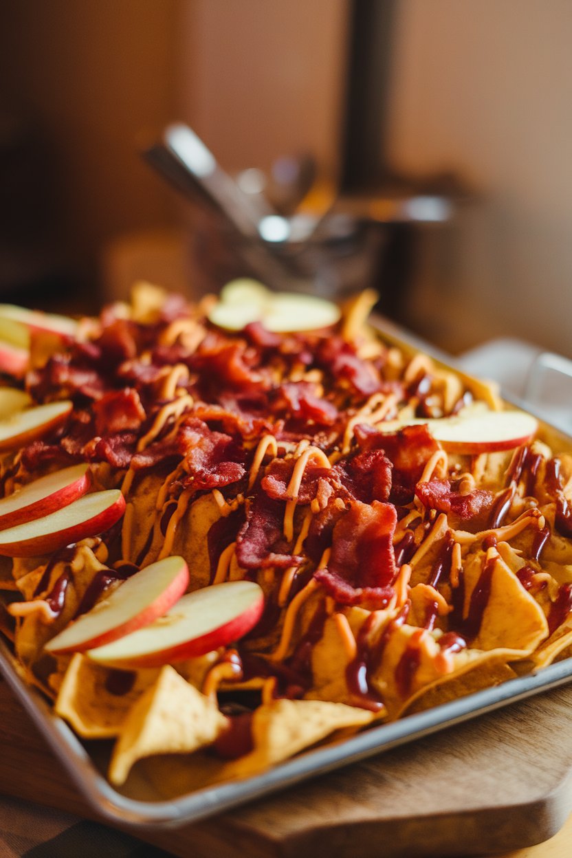 Sheet pan of nachos drizzled with maple syrup, sprinkled with bacon and cheddar, indoors; no text or logos, photo not illustration.