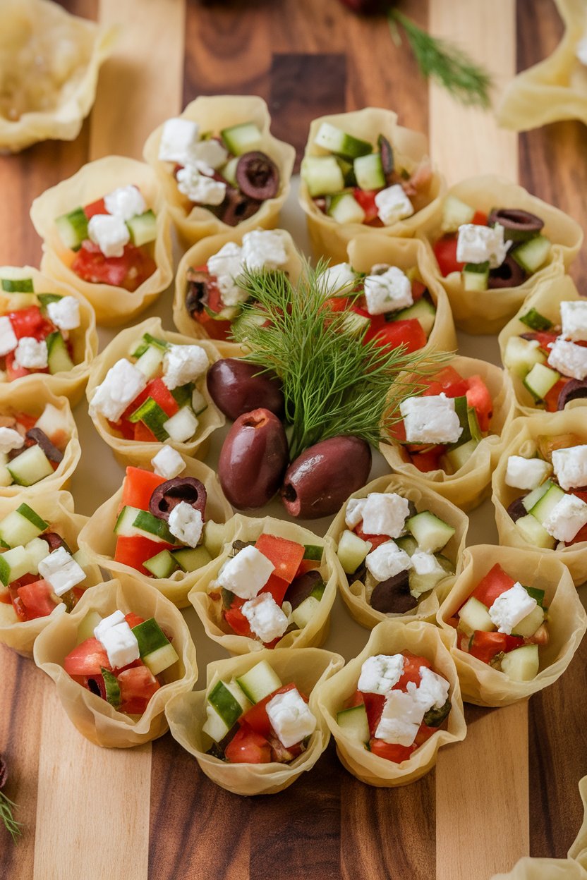 Photo of phyllo cups filled with chopped cucumber, tomato, olive, and feta, positioned on an indoor platter. No text or logos.