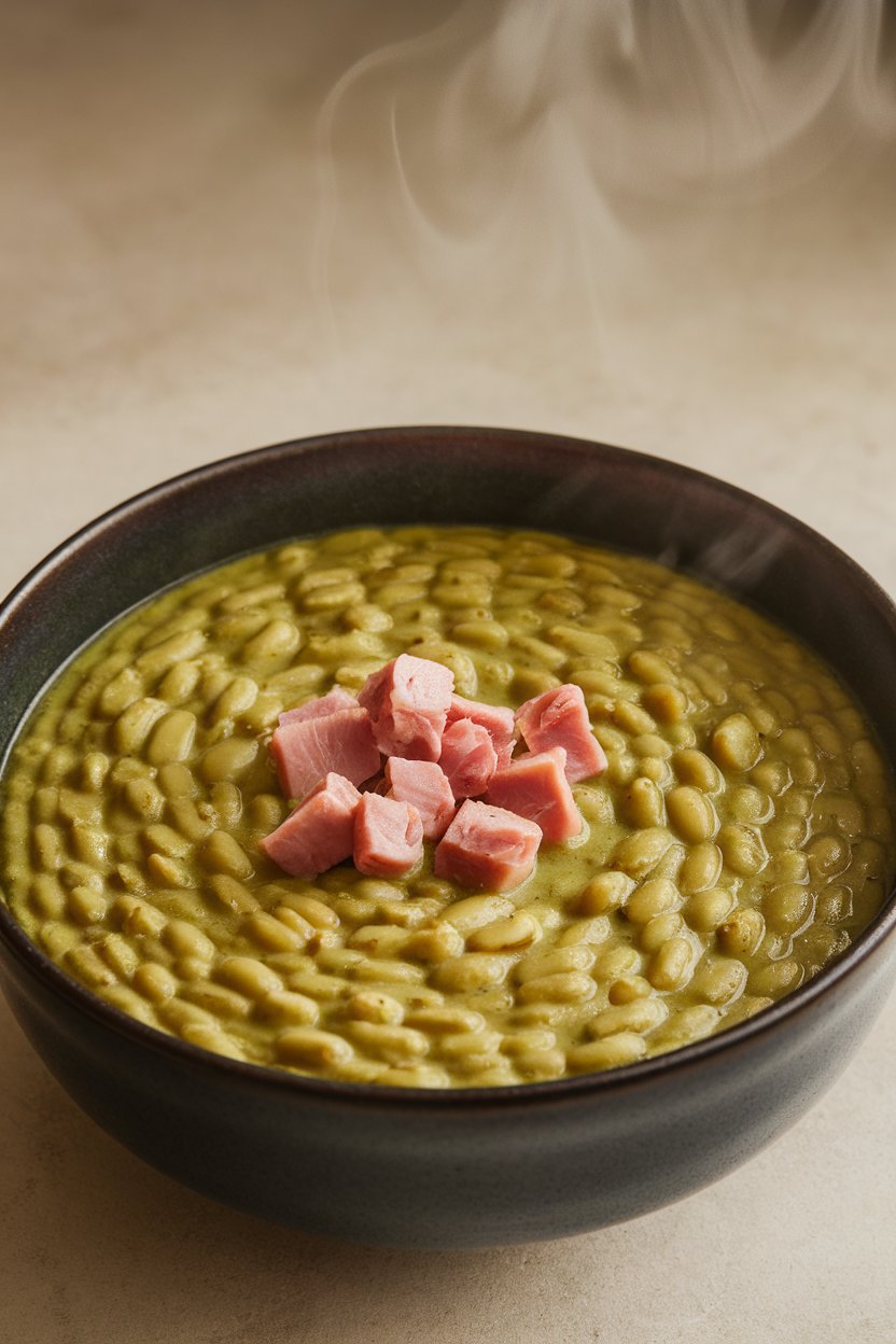 Indoor photo featuring a deep bowl of thick green split pea soup studded with diced ham, steam curling upward; neutral background with no logos or text.