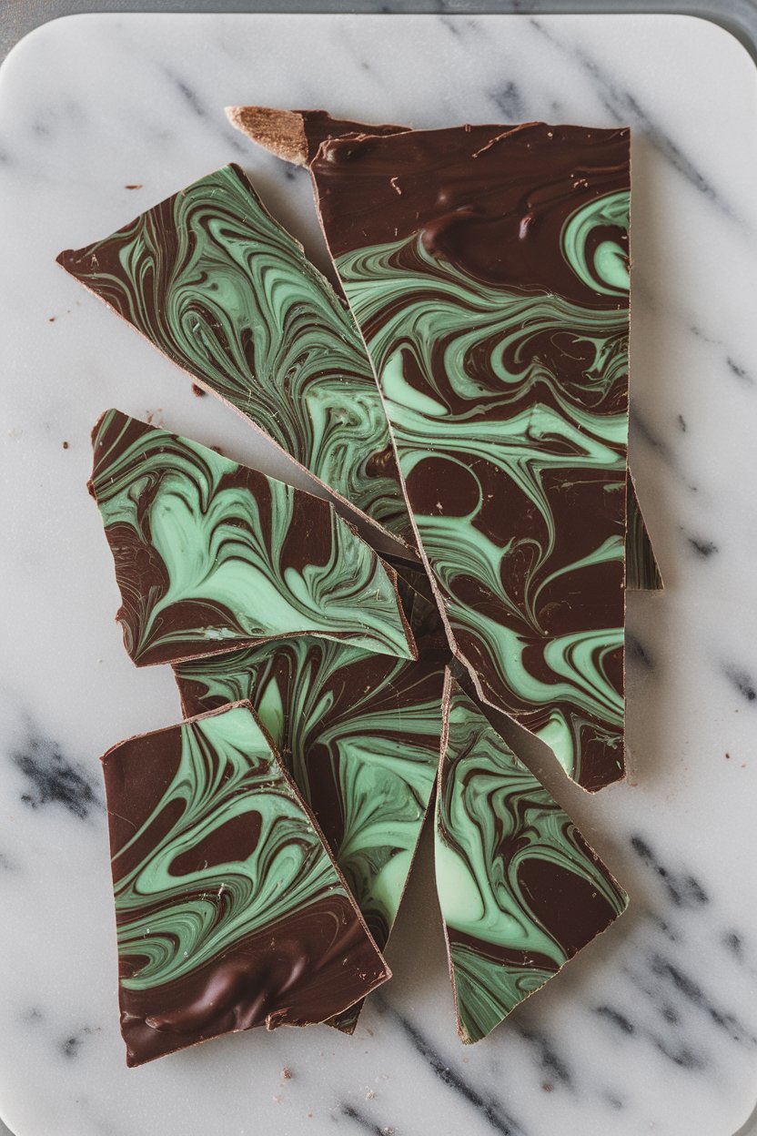 An indoor marble board covered with slabs of bark combining dark and green mint chocolate swirls, shards broken at angles, no text or logos. Photo only.