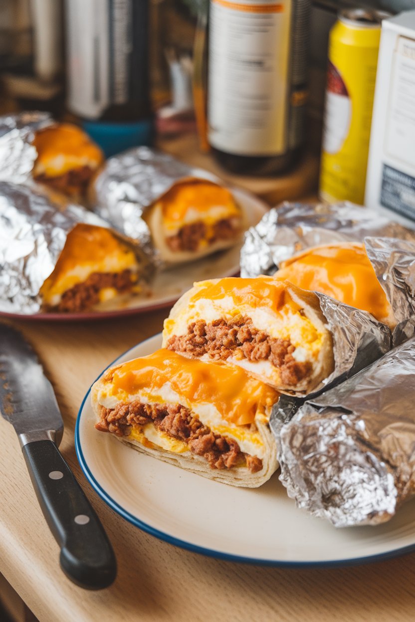 An indoor kitchen counter scene with halved, foil-wrapped breakfast burritos revealing scrambled egg, crumbled sausage, and melted cheddar. Steam rises gently, no text or logos visible.