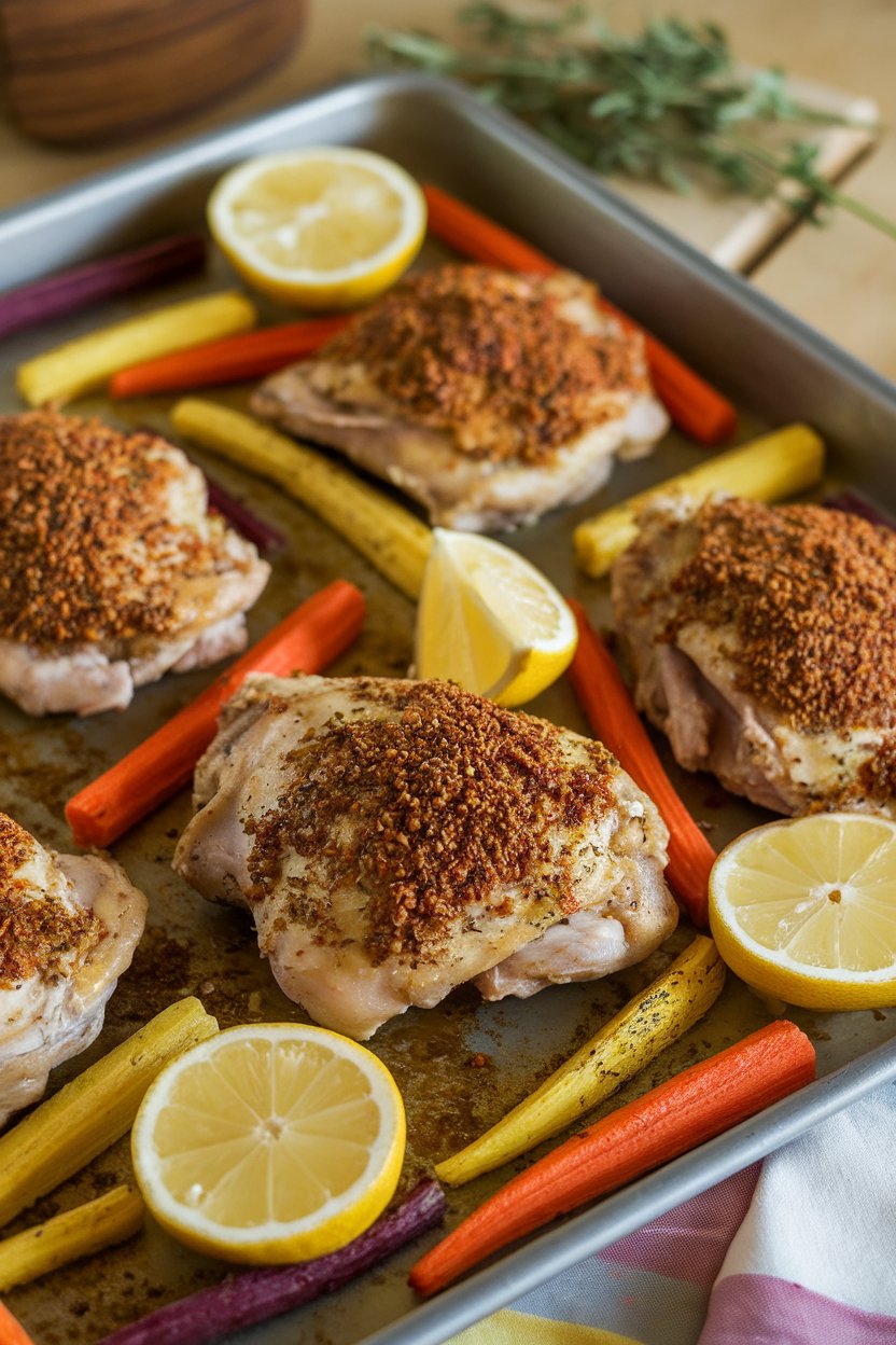 Indoor photo of za’atar-seasoned chicken thighs, roasted multi-color carrot sticks, and lemon wedges on a sheet pan; no logos